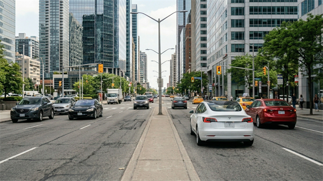 Tesla electric vehicle driving through city traffic, reflecting autonomy concerns and regulatory scrutiny around self-driving technology.