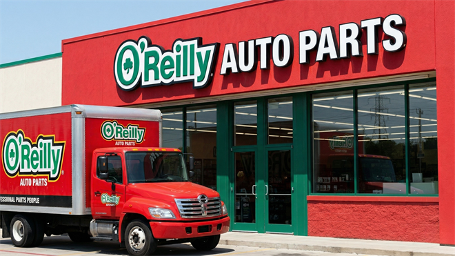 O’Reilly Auto Parts storefront with branded delivery truck, highlighting auto parts retail industry demand and growth.
