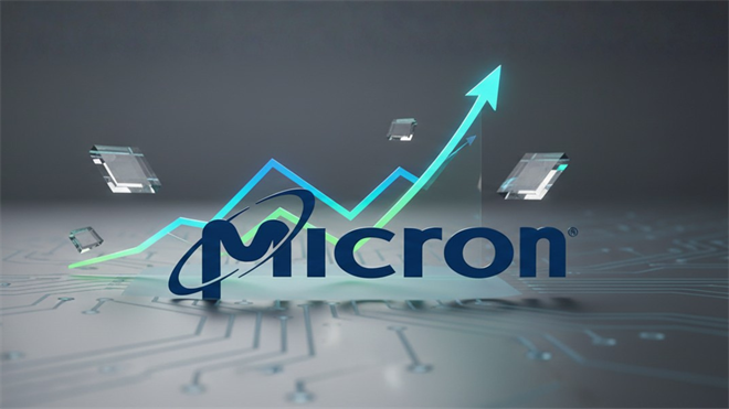 Micron logo over semiconductor chips with rising chart arrow, highlighting AI-driven growth and strong stock performance trends.