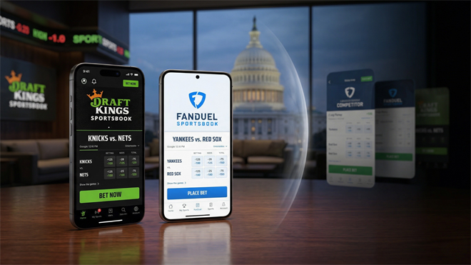 DraftKings and FanDuel apps on smartphones as U.S. bill targets unregulated betting rivals, boosting market share outlook.