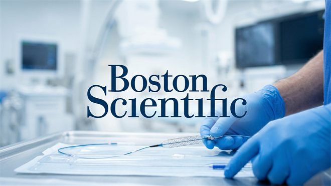 Boston Scientific branding over surgical device handling in sterile lab, reflecting medical device innovation and growth.