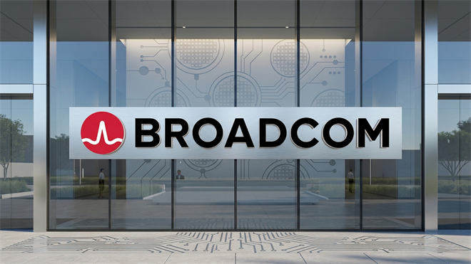 Imaginative depiction ofBroadcom headquarters entrance, symbolizing strong AI revenue growth in semiconductor industry.