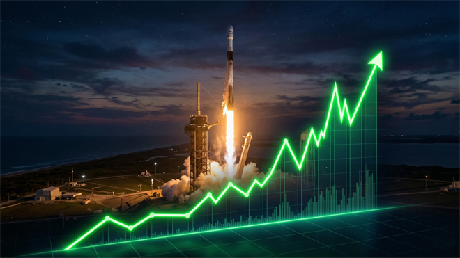 Rocket launch with glowing upward stock chart overlay, symbolizing rapid growth in space sector investments.