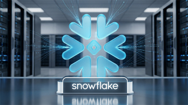 Snowflake logo displayed in a data center, highlighting AI-driven cloud platform growth amid SaaS sell-off and bullish outlook.