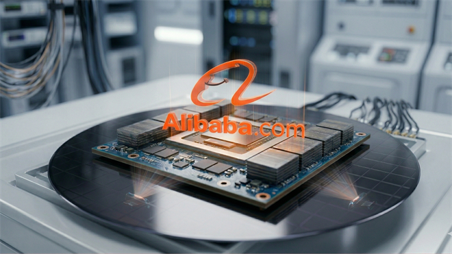 Alibaba logo over advanced AI semiconductor chip on wafer, highlighting cloud computing strategy and push for tech self-reliance.