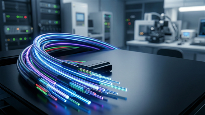 Glowing fiber optic cables in a lab symbolize Coherent's role in AI photonics infrastructure growth.