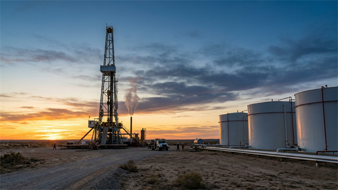 Oil drilling rig and storage tanks at sunset, reflecting oil supply concerns and energy market volatility.