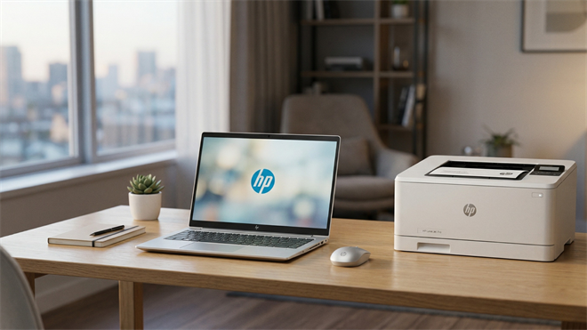 HP laptop and printer on a modern desk, representing AI-powered office hardware and workplace upgrade trend.
