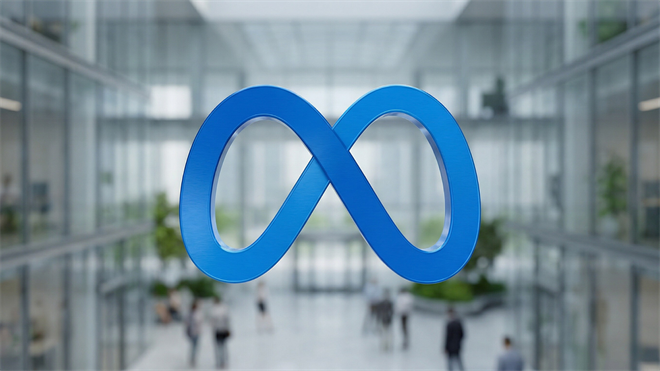 Meta logo displayed prominently in a modern office atrium, representing AI-driven restructuring and efficiency push in social media industry.