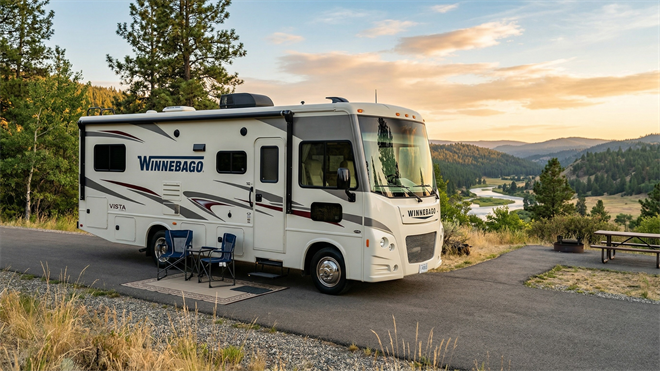 Winnebago RV parked at scenic campsite, highlighting recreational vehicle industry amid cautious consumer spending trends.