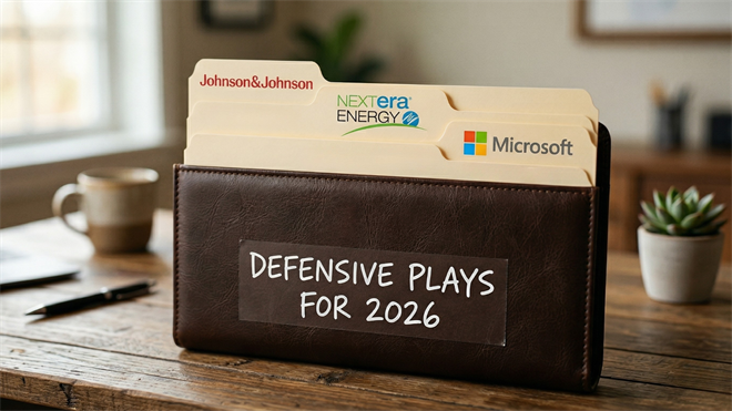 Wallet labeled “defensive plays” holding Johnson & Johnson, NextEra Energy, and Microsoft stock tabs on desk.