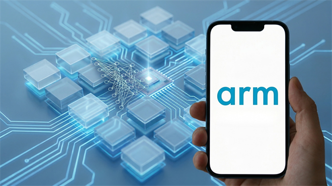 Smartphone displaying Arm logo over AI chip network, symbolizing shift into AI data center processors.