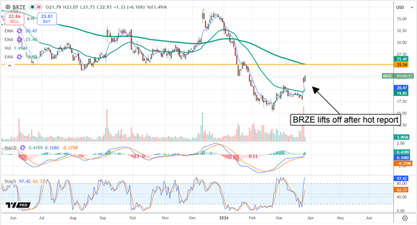 BRZE stock chart showing a gap up after a hot earnings report. 