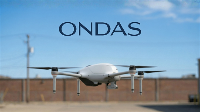 Ondas-branded drone hovering mid-air, illustrating growth in drone surveillance technology and AI-driven systems.