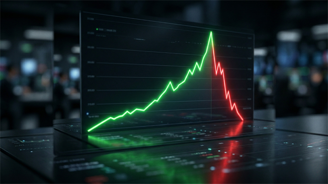 Glowing stock chart surging in green before a sharp red plunge, illustrating leveraged ETF risk and sudden losses.
