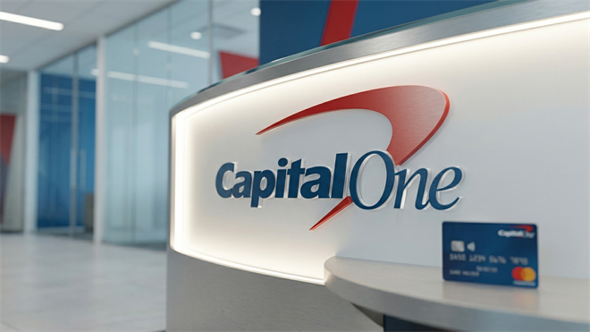 Capital One branch interior with logo signage and credit card, representing banking expansion and acquisitions.
