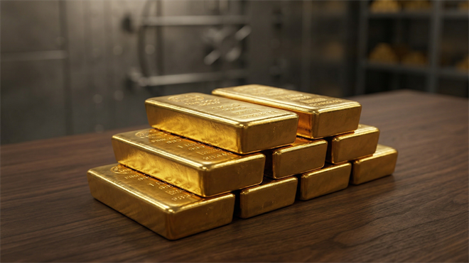 Stacked gold bars on a table, symbolizing gold price volatility and recent pullback in precious metals market.