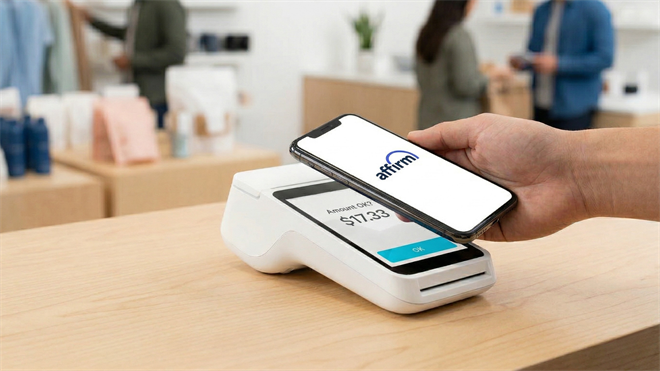Smartphone displaying Affirm app tapped on a payment terminal, illustrating buy-now-pay-later checkout in retail setting.