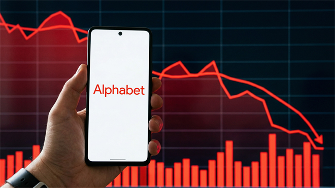 Hand holding smartphone displaying Alphabet logo against falling red stock chart, illustrating tech stock correction trend.