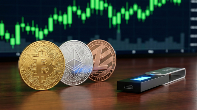 Cryptocurrency coins Bitcoin, Ethereum, Litecoin with hardware wallet and rising chart, highlighting crypto ETF diversification trend.