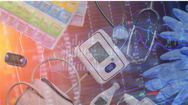 Healthcare devices and stock market data overlay, highlighting volatility in medical equipment sector investments.