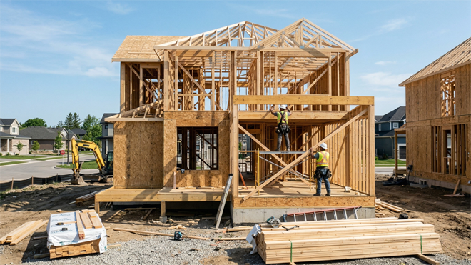 Framed houses under construction with workers, illustrating homebuilding slowdown and weak demand.