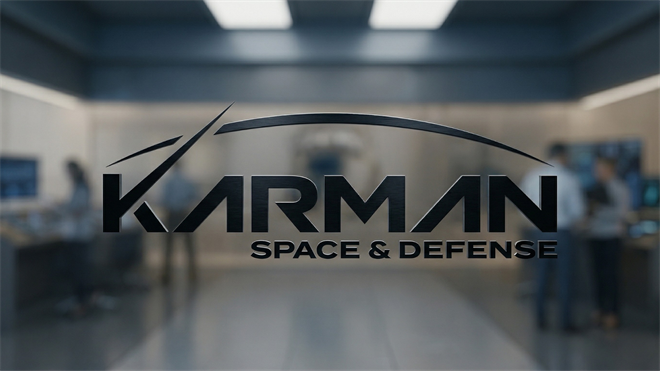 Karman Space & Defense logo on glass with blurred engineers behind, highlighting aerospace defense growth industry.