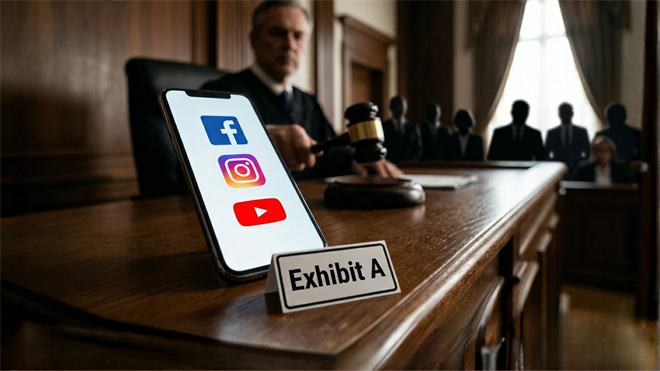 Smartphone with Facebook, Instagram and YouTube apps labeled Exhibit A as judge presides over Meta and Google antitrust trial.
