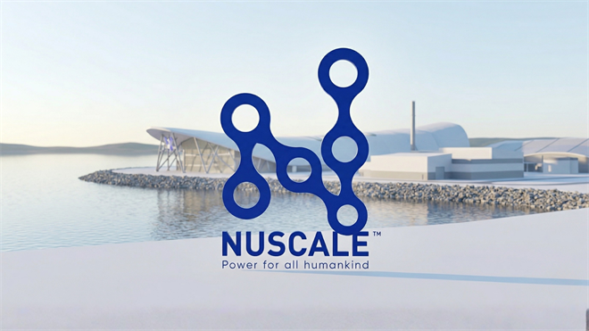 NuScale Power logo displayed over a modern small modular nuclear reactor facility by the water, symbolizing clean energy innovation.
