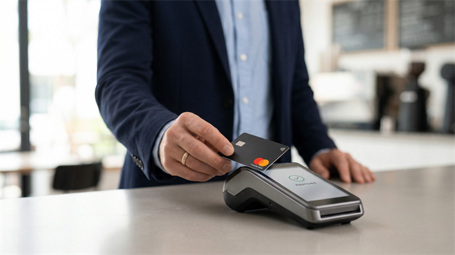 Businessman tapping Mastercard on payment terminal, symbolizing digital payments growth and strategic shift to services.