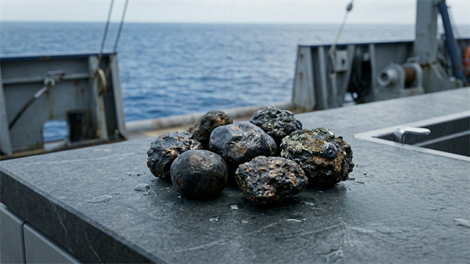 Deep-sea mineral nodules on a ship deck, highlighting The Metals Company's ocean mining operations for battery metals.