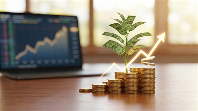 Growing stack of coins with a dollar-bill plant and rising arrow, symbolizing oil-driven market gains and energy sector strength.