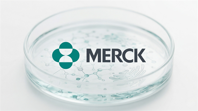 Merck logo displayed on a petri dish, symbolizing pharmaceutical innovation and oncology-focused acquisitions.