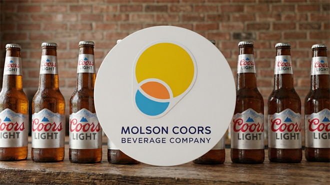 Molson Coors logo displayed with Coors Light bottles, representing brewing giant amid takeover speculation in beverage industry.