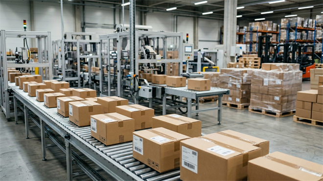 Automated packaging line with cardboard boxes on conveyor, illustrating resilient packaging industry and steady demand for shipping goods.