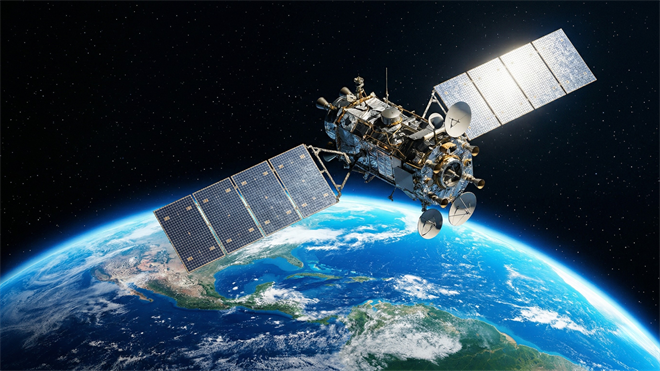 Satellite orbiting Earth illustrating rising satellite industry interest tied to SpaceX IPO momentum.