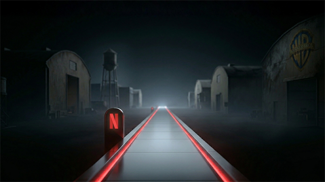 Netflix’s streaming platform symbolized by a red “N” advances past Warner Bros. studio lot, highlighting NFLX stock growth and shift to organic content strategy.