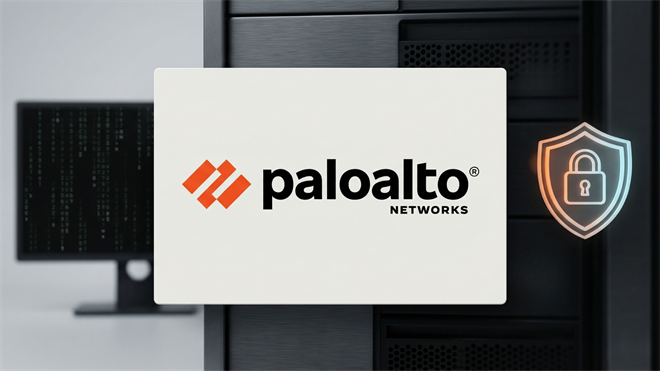 Palo Alto Networks logo on screen with cybersecurity shield, reflecting stock dip and insider buying activity.