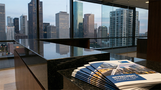 Modern office interior overlooking city skyline with real estate investment brochures, reflecting commercial property market trends.