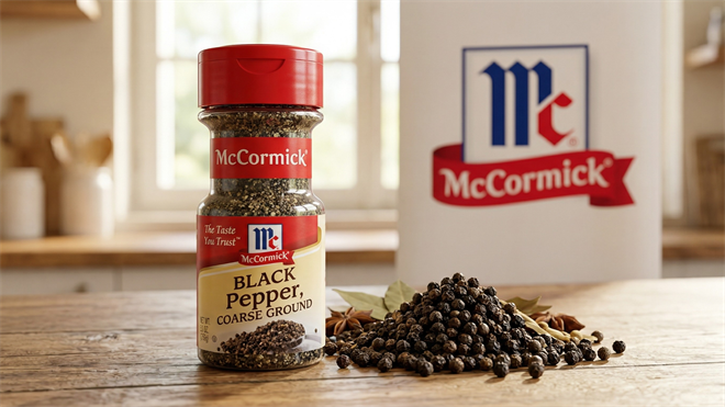 McCormick black pepper bottle with logo beside whole peppercorns, representing spice industry and brand strength.