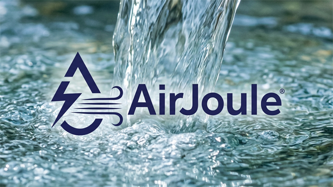 AirJoule logo over flowing water stream, symbolizing water-from-air technology and clean water production innovation.