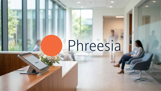 Modern healthcare clinic waiting room with Phreesia check-in kiosk, highlighting digital patient intake technology and services.
