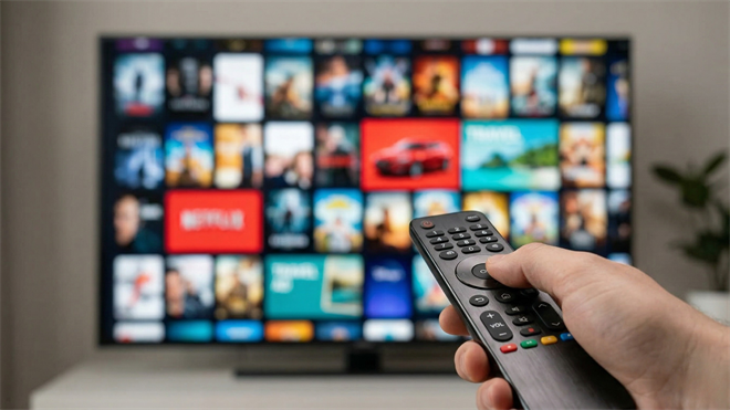Hand holding remote toward smart TV with streaming apps, illustrating growth of connected TV advertising and digital ads.