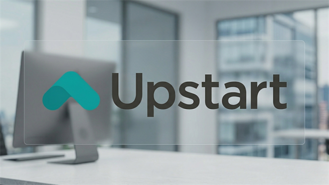 Upstart logo on glass panel in modern office, symbolizing AI-driven lending rebound in fintech industry.