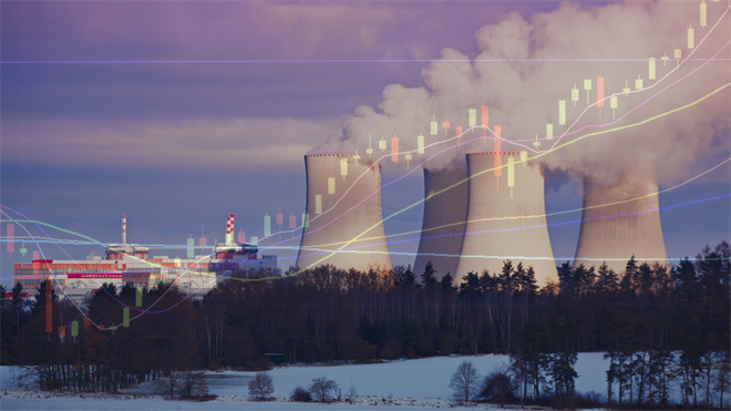 Nuclear power plant with rising stock chart overlay, highlighting AI-driven demand boosting nuclear energy sector growth.