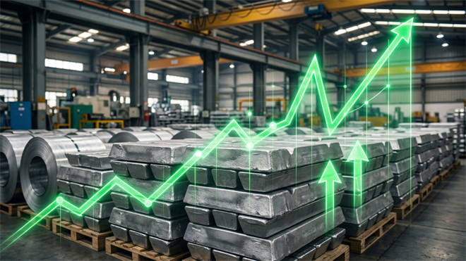 Stacks of aluminum ingots in a factory with a glowing upward price chart, symbolizing aluminum price surge in the industry.