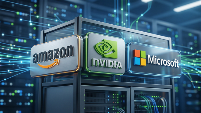 Data center servers displaying Amazon, NVIDIA, and Microsoft logos representing AI infrastructure and cloud computing growth..