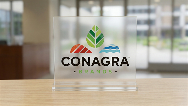 Conagra Brands logo displayed on a clear glass plaque, symbolizing packaged food industry and stock rebound potential.