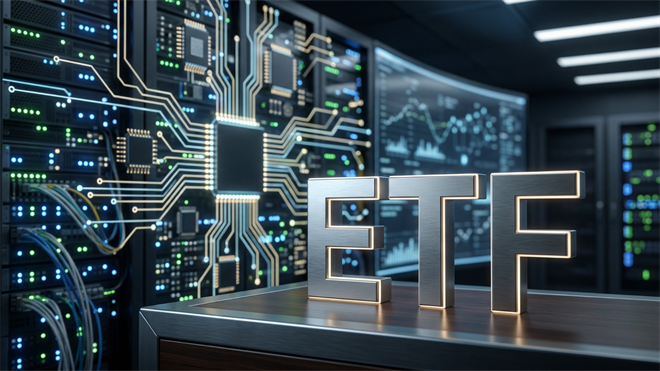 Metal “ETF” letters on a desk with glowing circuit board connections and server racks, symbolizing AI ETF investing.