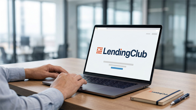 Laptop displaying LendingClub website on desk, illustrating digital lending growth and fintech consumer credit services.